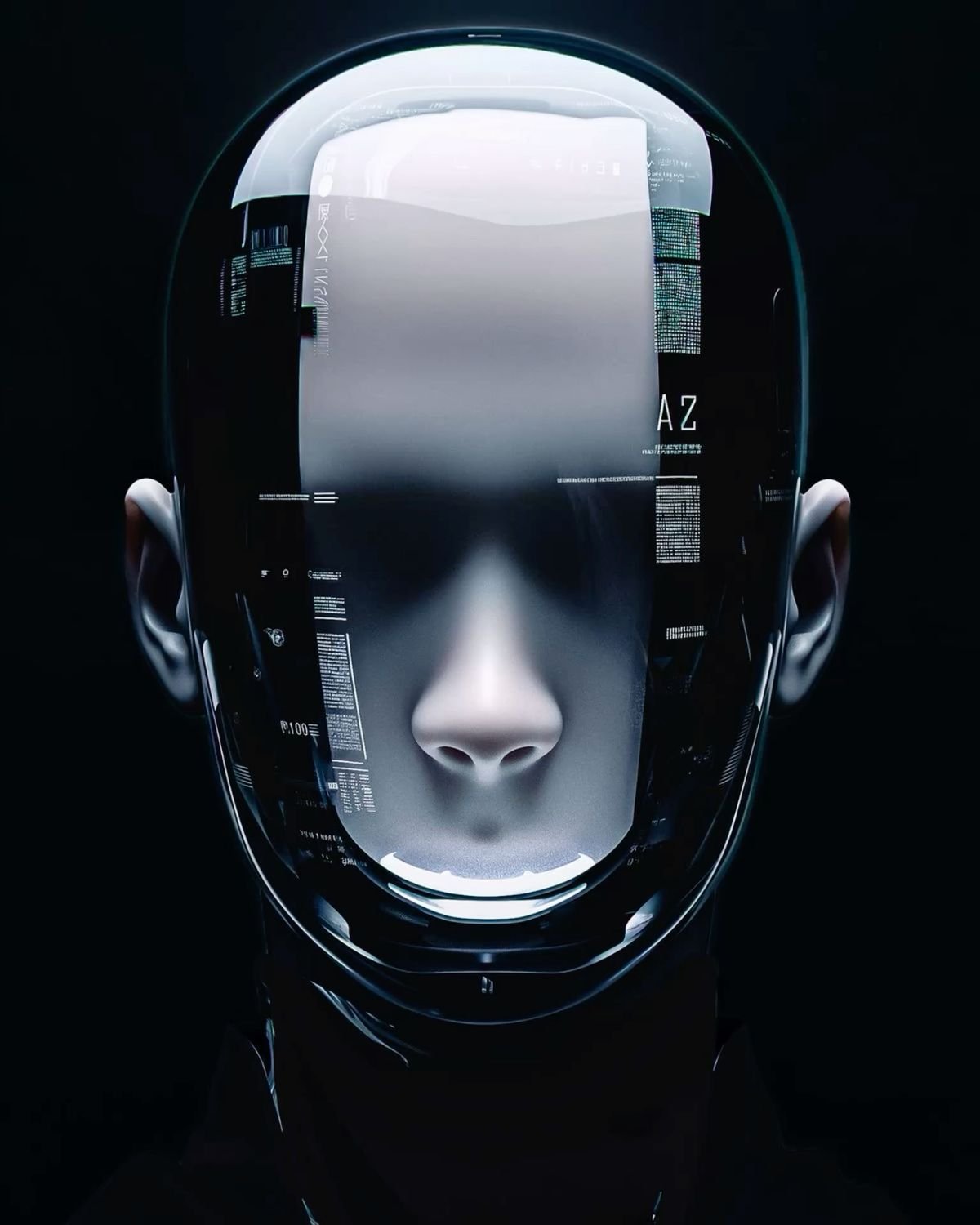 A human face behind a translucent AI data-visor